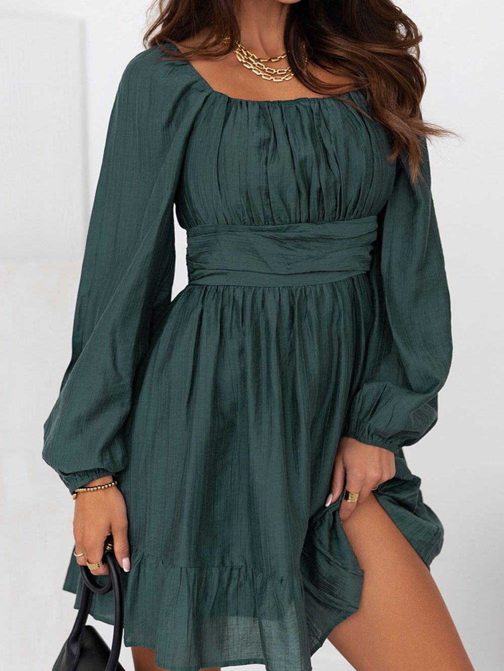 Green Flared Sleeve Mini Dress with Ruched Square Neck