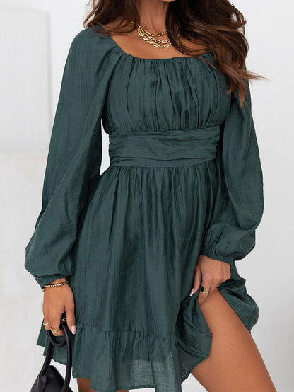 Green Flared Sleeve Mini Dress with Ruched Square Neck