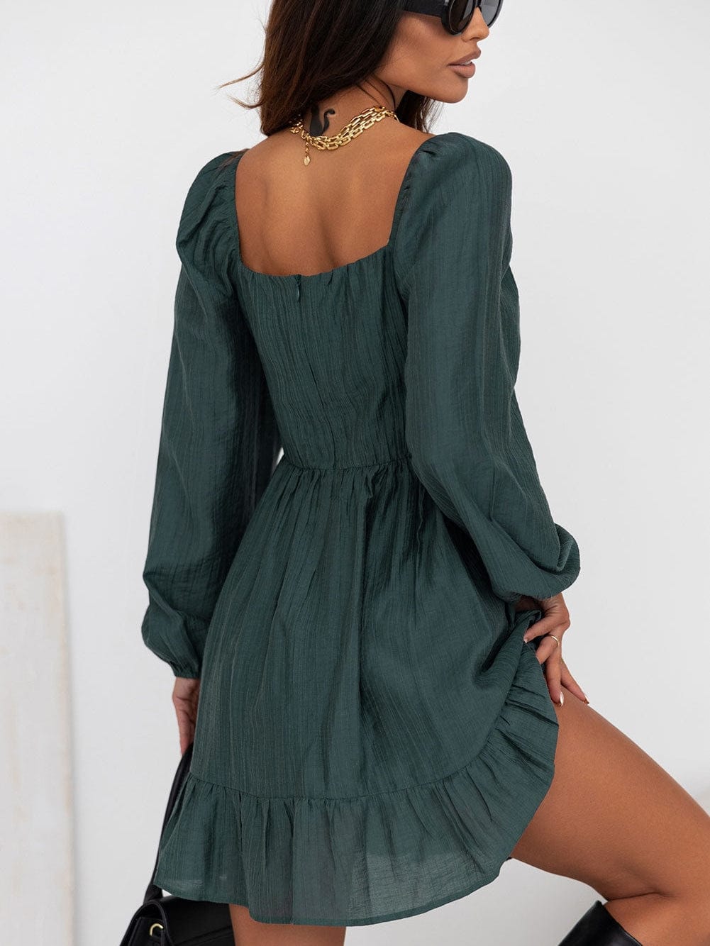 Green Flared Sleeve Mini Dress with Ruched Square Neck