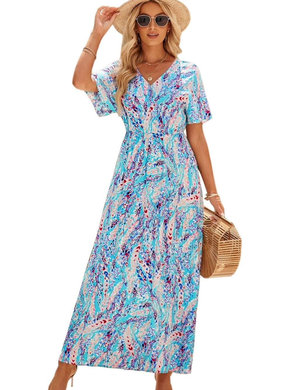 Green Floral Bohemian Maxi Dress with V Neck