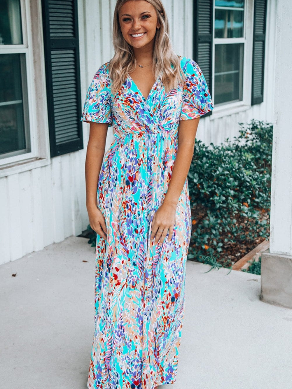 Green Floral Bohemian Maxi Dress with V Neck