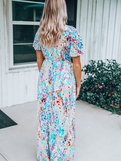 Green Floral Bohemian Maxi Dress with V Neck