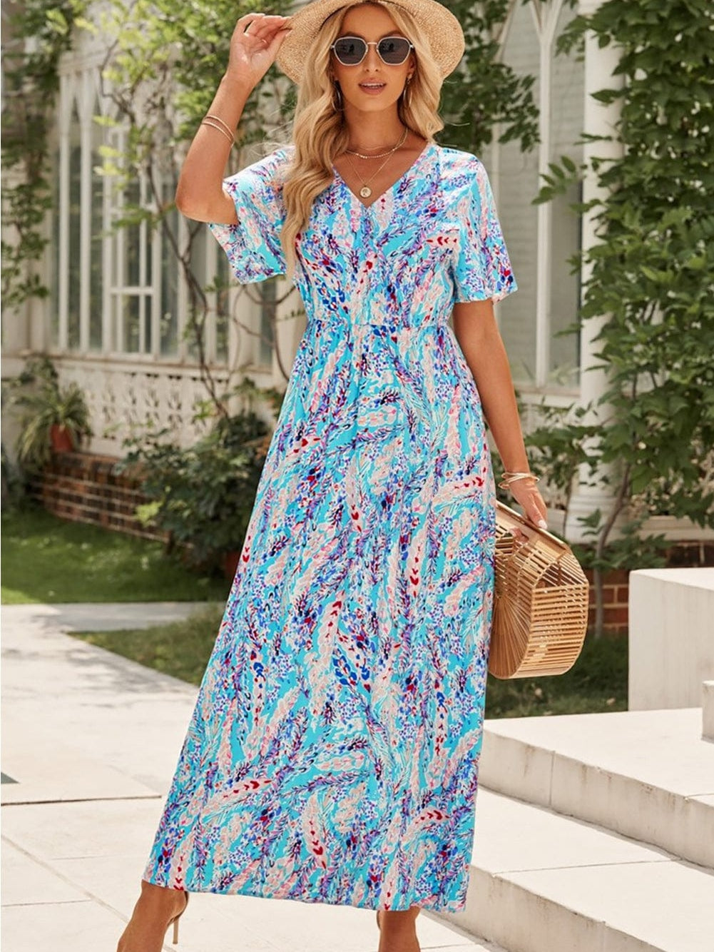 Green Floral Bohemian Maxi Dress with V Neck