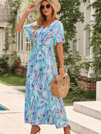 Green Floral Bohemian Maxi Dress with V Neck