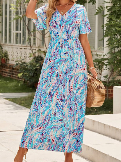 Green Floral Bohemian Maxi Dress with V Neck