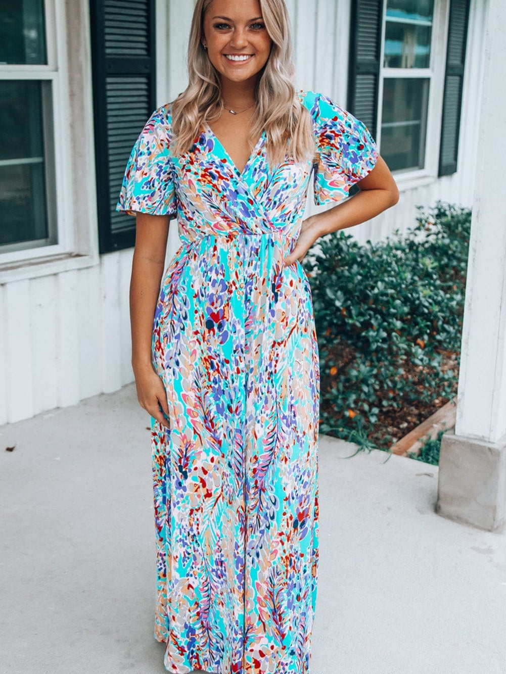 Green Floral Bohemian Maxi Dress with V Neck