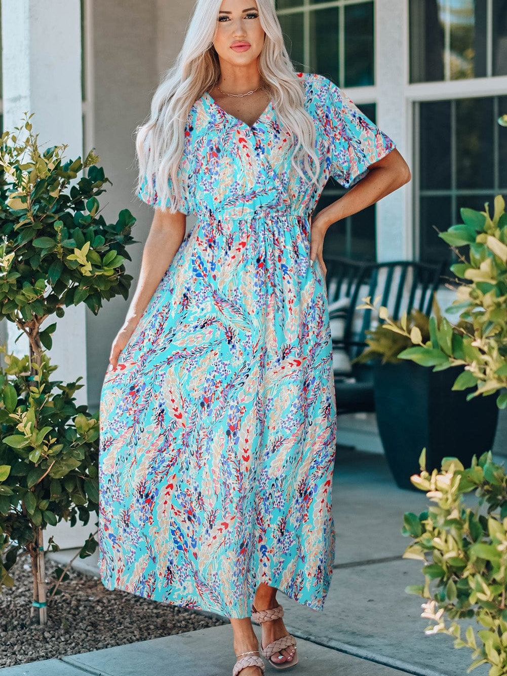 Green Floral Bohemian Maxi Dress with V Neck