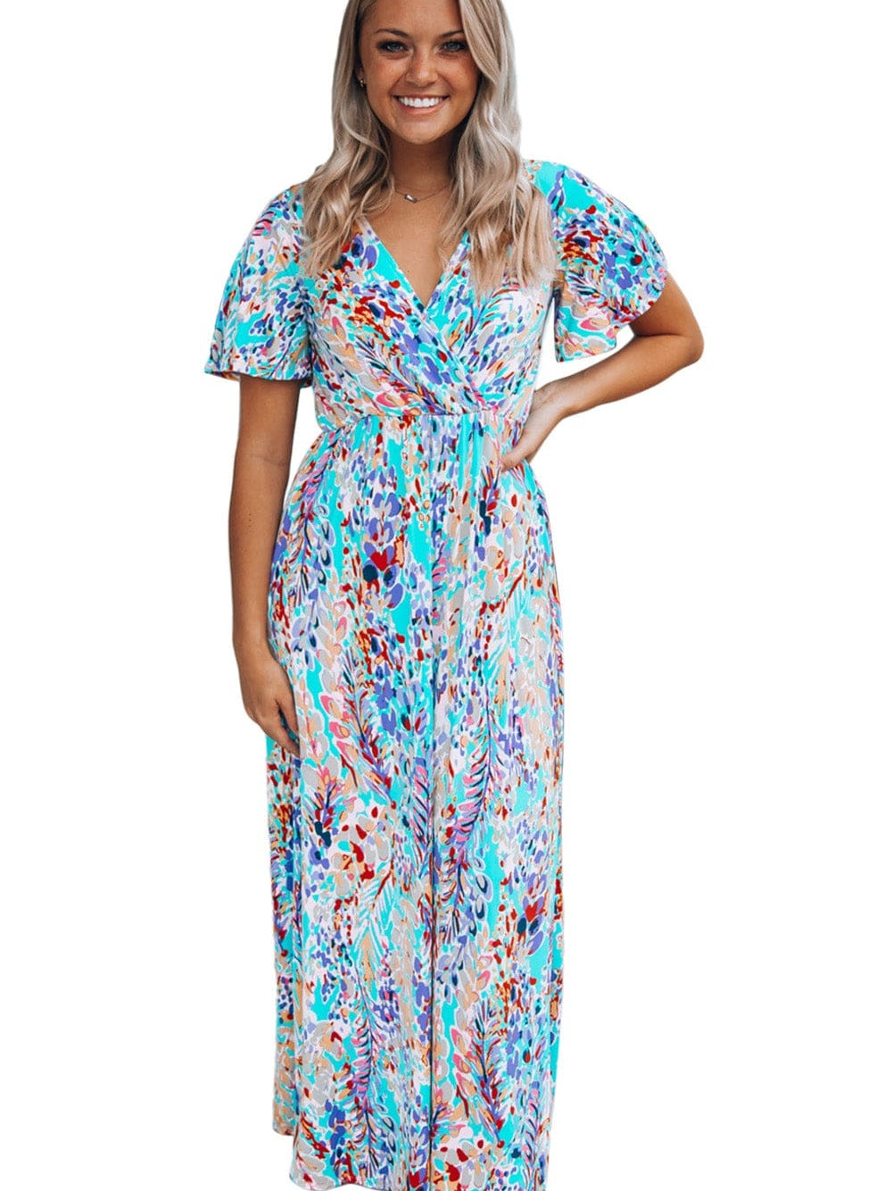 Green Floral Bohemian Maxi Dress with V Neck