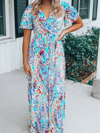 Green Floral Bohemian Maxi Dress with V Neck