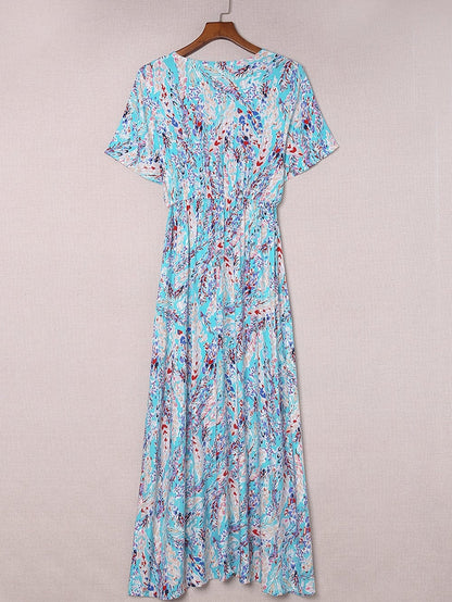 Green Floral Bohemian Maxi Dress with V Neck