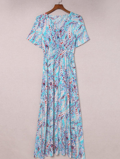 Green Floral Bohemian Maxi Dress with V Neck