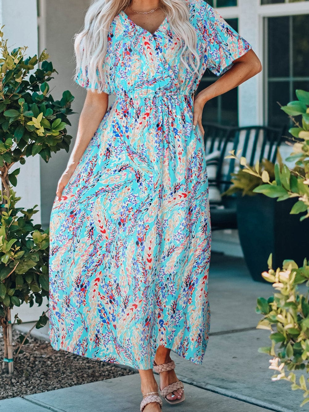 Green Floral Bohemian Maxi Dress with V Neck