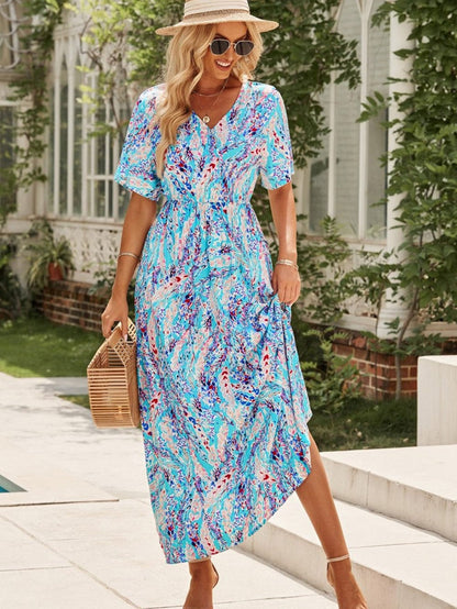 Green Floral Bohemian Maxi Dress with V Neck