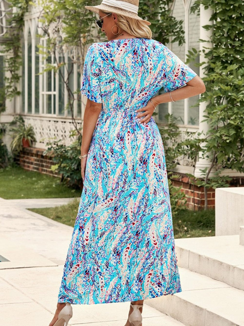 Green Floral Bohemian Maxi Dress with V Neck
