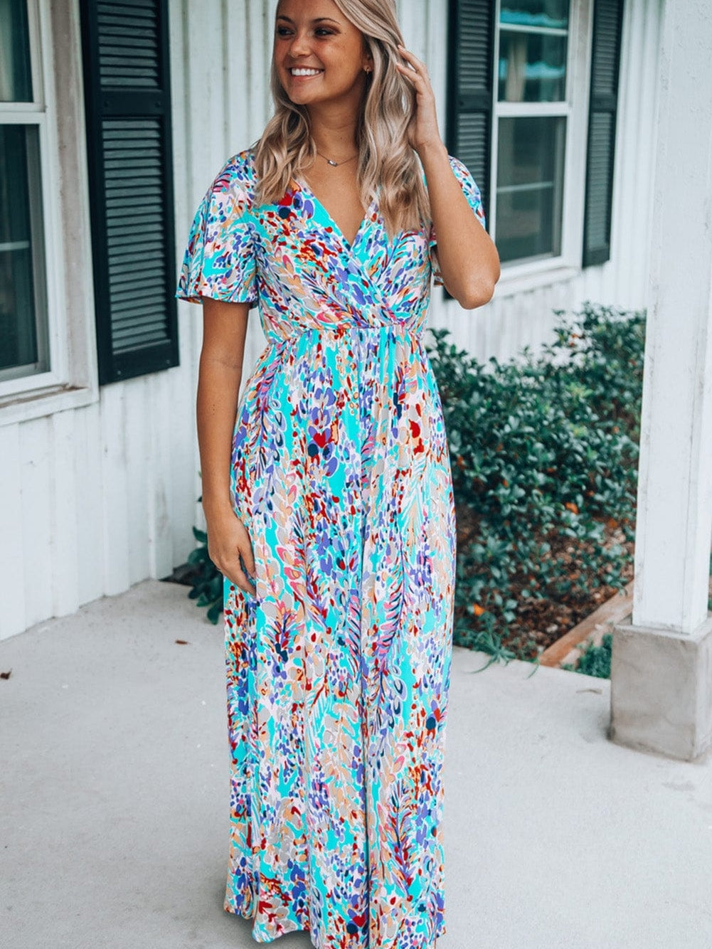 Green Floral Bohemian Maxi Dress with V Neck