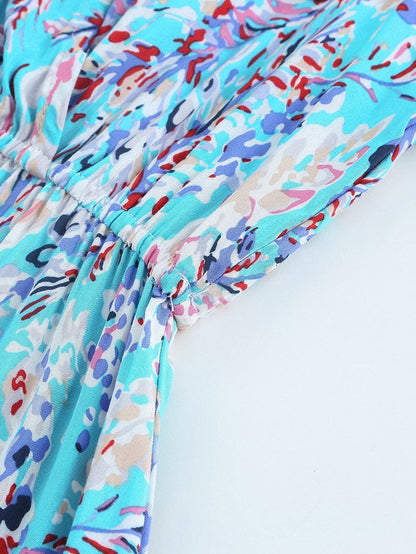 Green Floral Bohemian Maxi Dress with V Neck