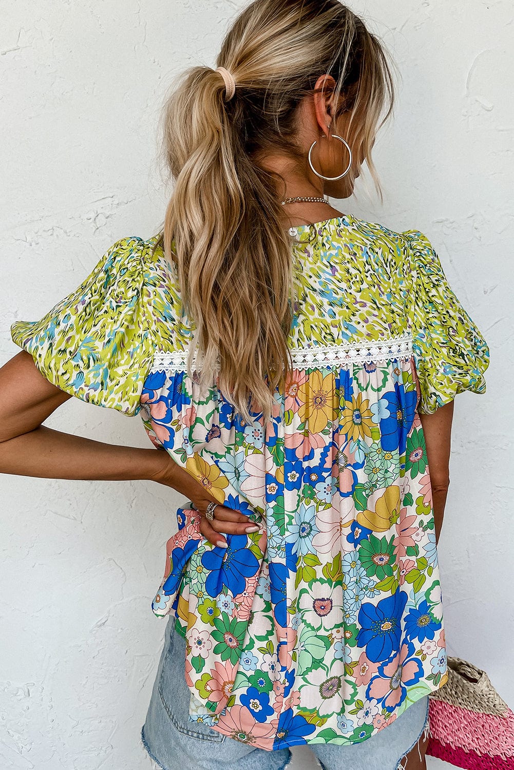 Green Floral Bubble Sleeve Lace Trim Blouse