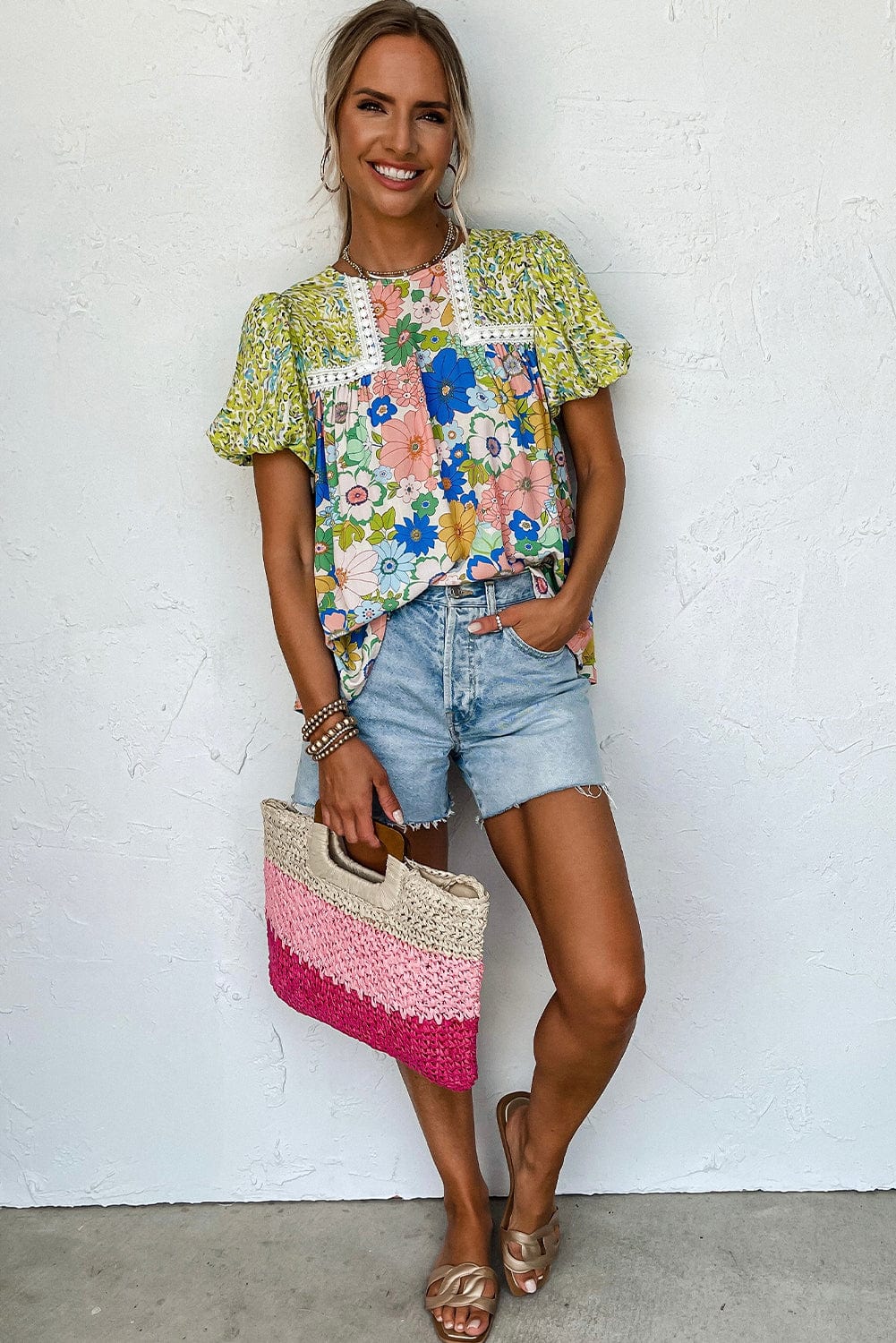 Green Floral Bubble Sleeve Lace Trim Blouse