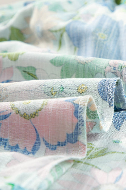 Green Floral Bubble Sleeve Lace Trim Blouse