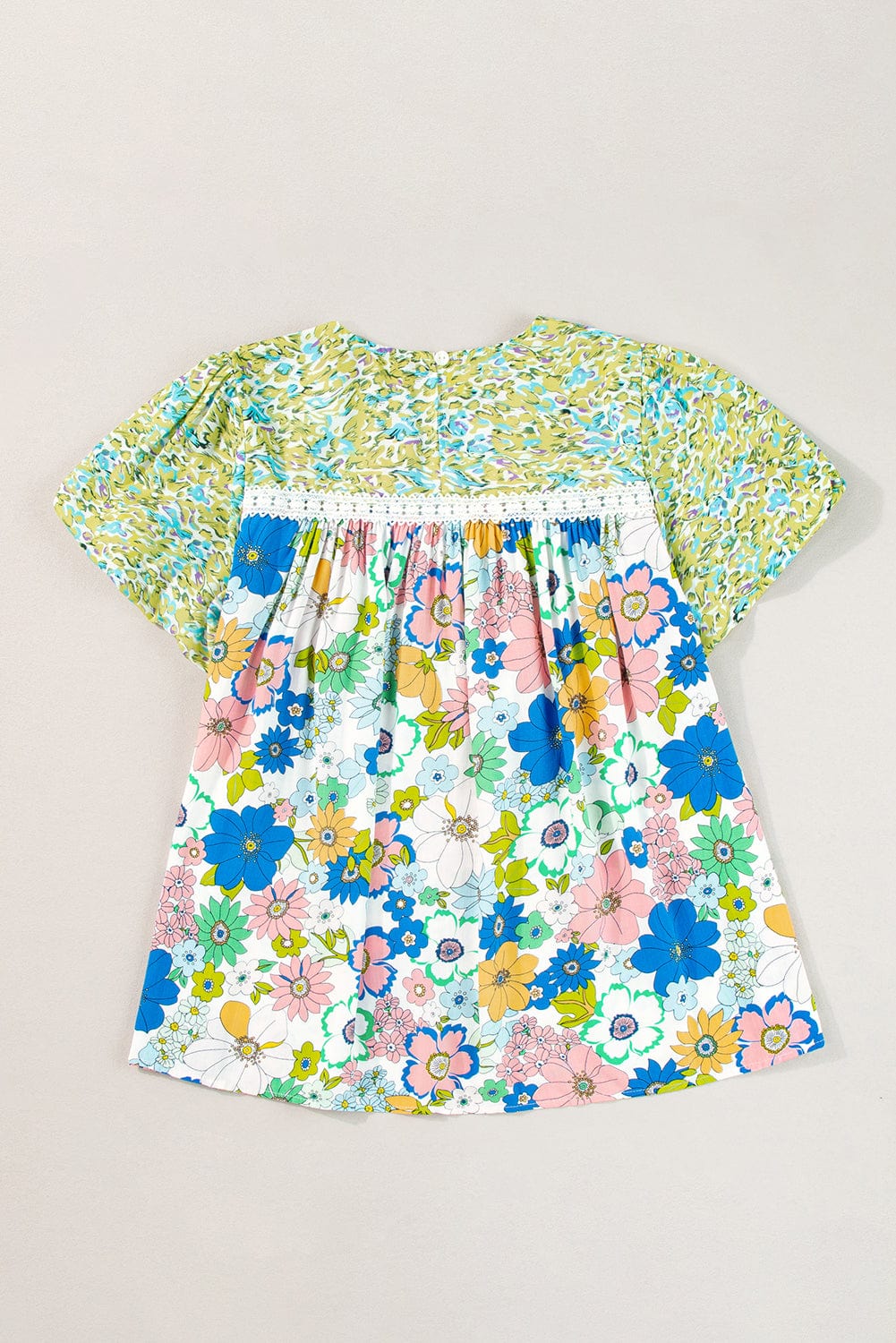 Green Floral Bubble Sleeve Lace Trim Blouse