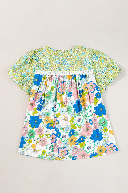 Green Floral Bubble Sleeve Lace Trim Blouse