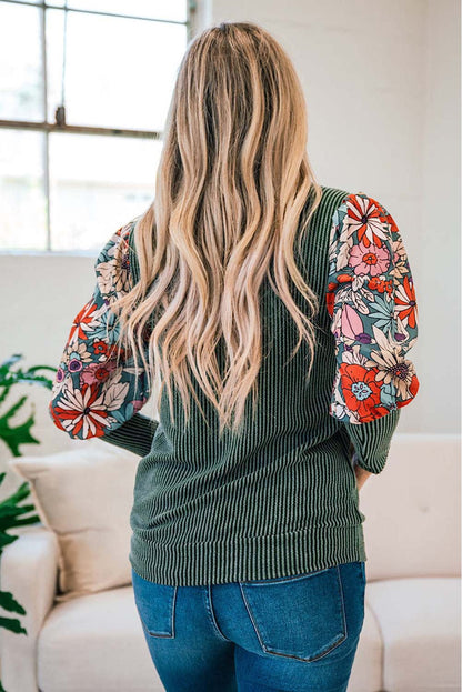 Green Floral Contrast Sleeve Striped Crew Neck Top