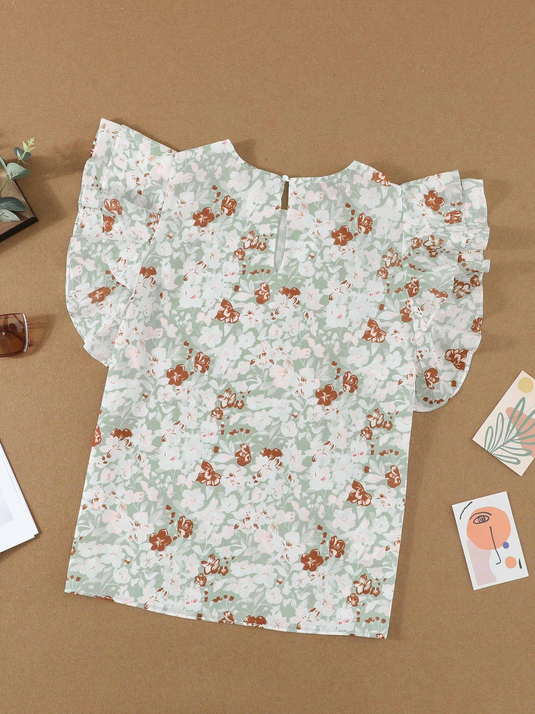 Green Floral Crepe Flutter Sleeve Blouse