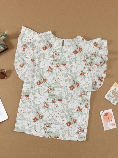 Green Floral Crepe Flutter Sleeve Blouse
