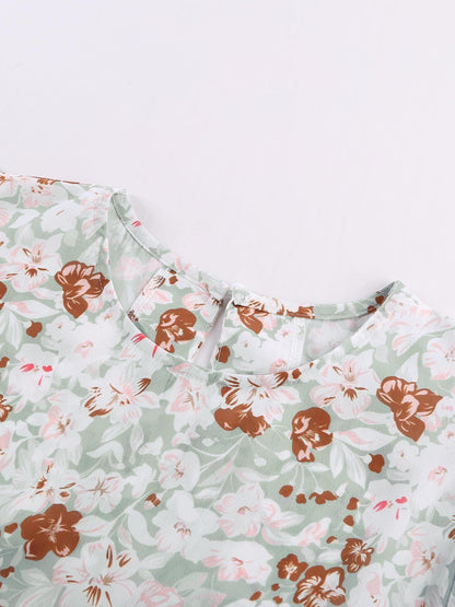 Green Floral Crepe Flutter Sleeve Blouse