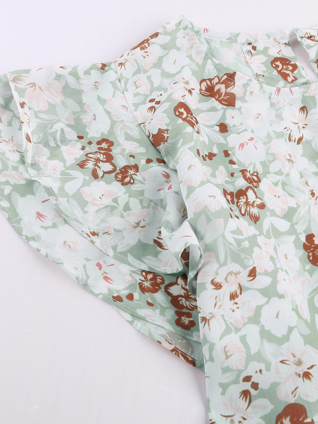 Green Floral Crepe Flutter Sleeve Blouse