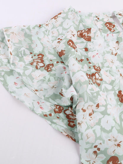 Green Floral Crepe Flutter Sleeve Blouse