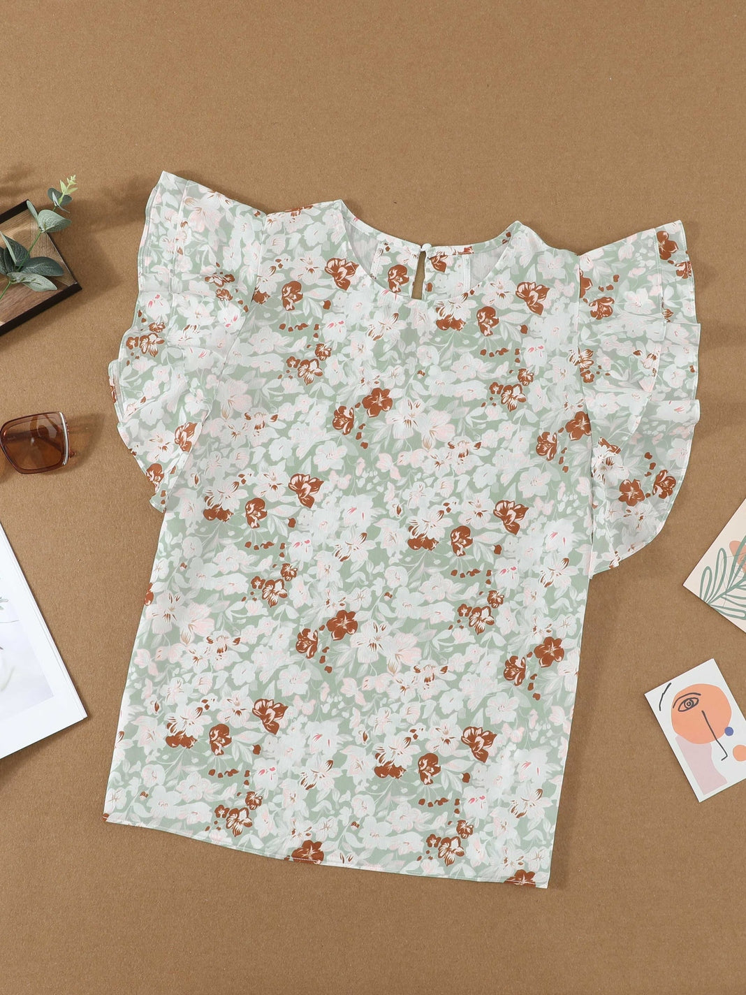 Green Floral Crepe Flutter Sleeve Blouse