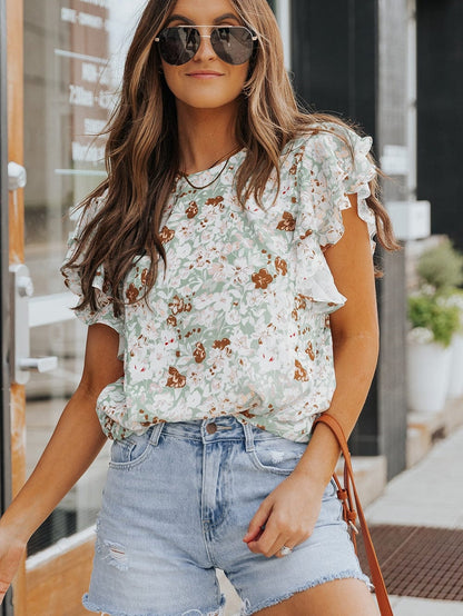 Green Floral Crepe Flutter Sleeve Blouse