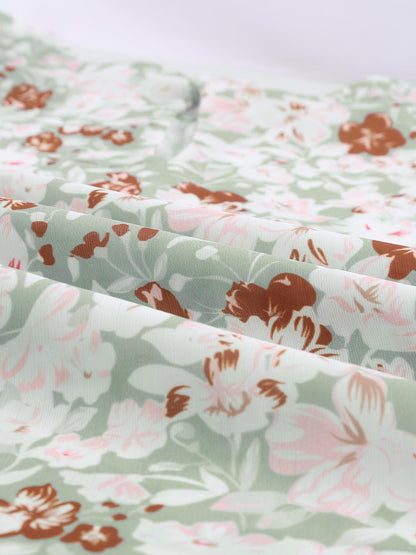 Green Floral Crepe Flutter Sleeve Blouse