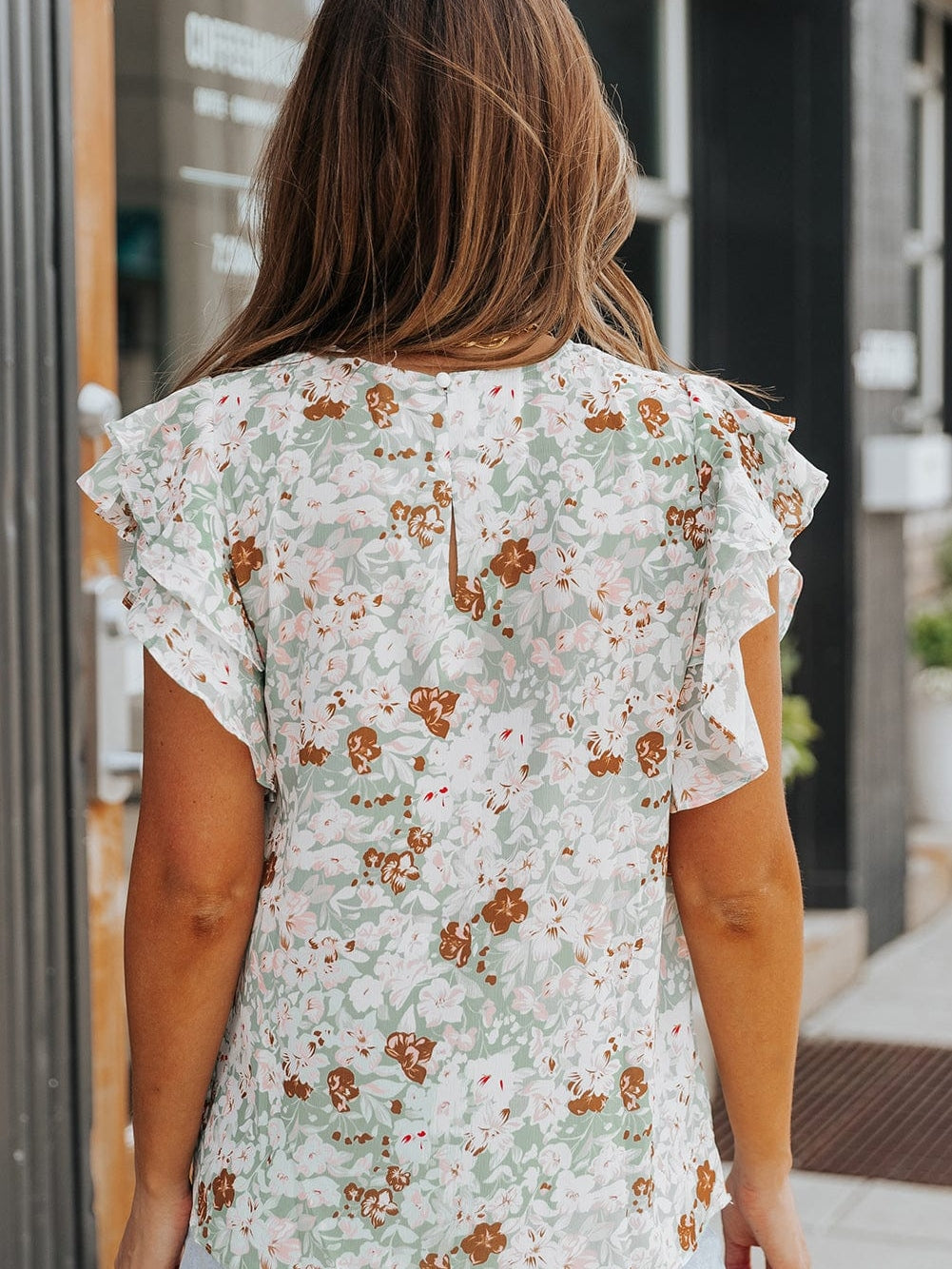 Green Floral Crepe Flutter Sleeve Blouse
