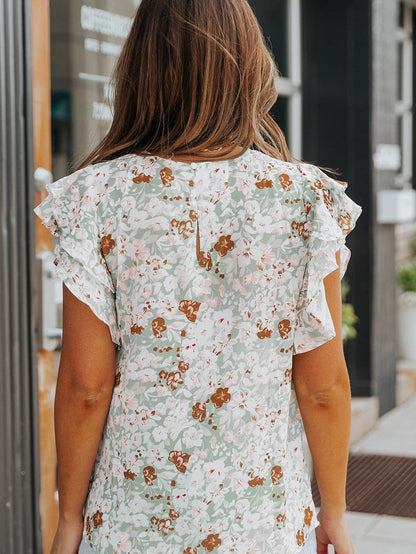 Green Floral Crepe Flutter Sleeve Blouse