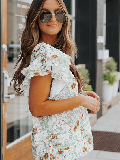 Green Floral Crepe Flutter Sleeve Blouse