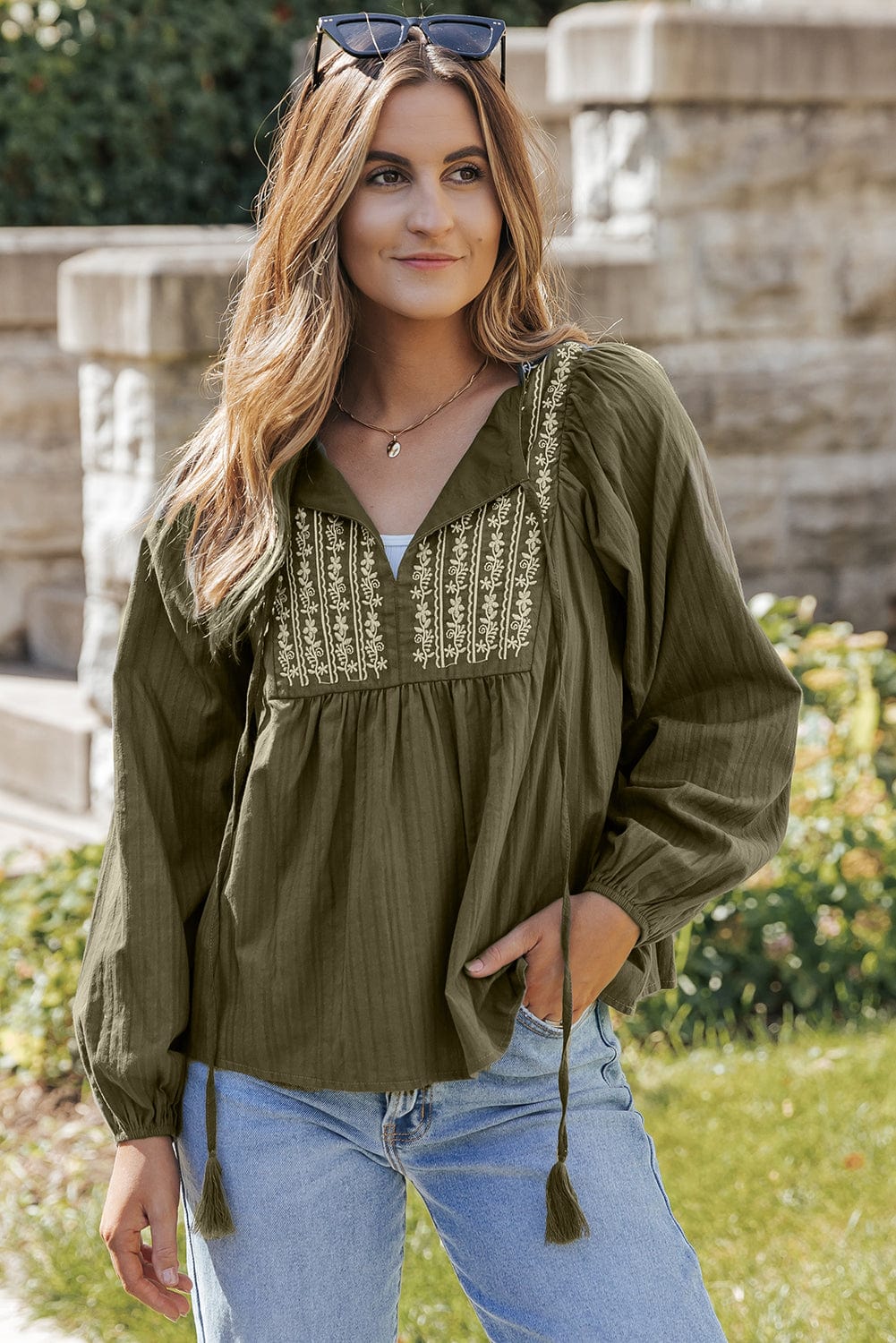 Green Floral Embroidered Bohemian Blouse with Tasseled Neckline