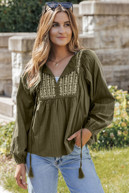 Green Floral Embroidered Bohemian Blouse with Tasseled Neckline
