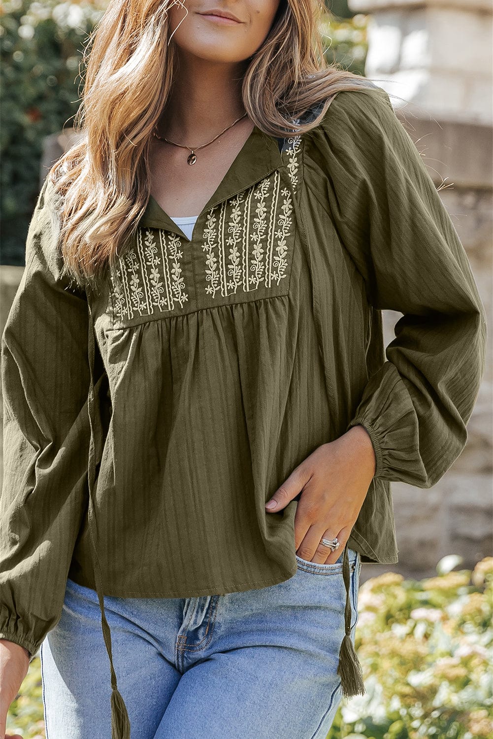 Green Floral Embroidered Bohemian Blouse with Tasseled Neckline