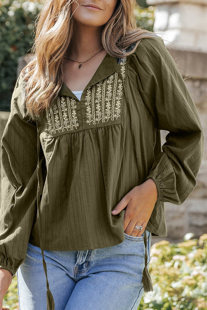 Green Floral Embroidered Bohemian Blouse with Tasseled Neckline