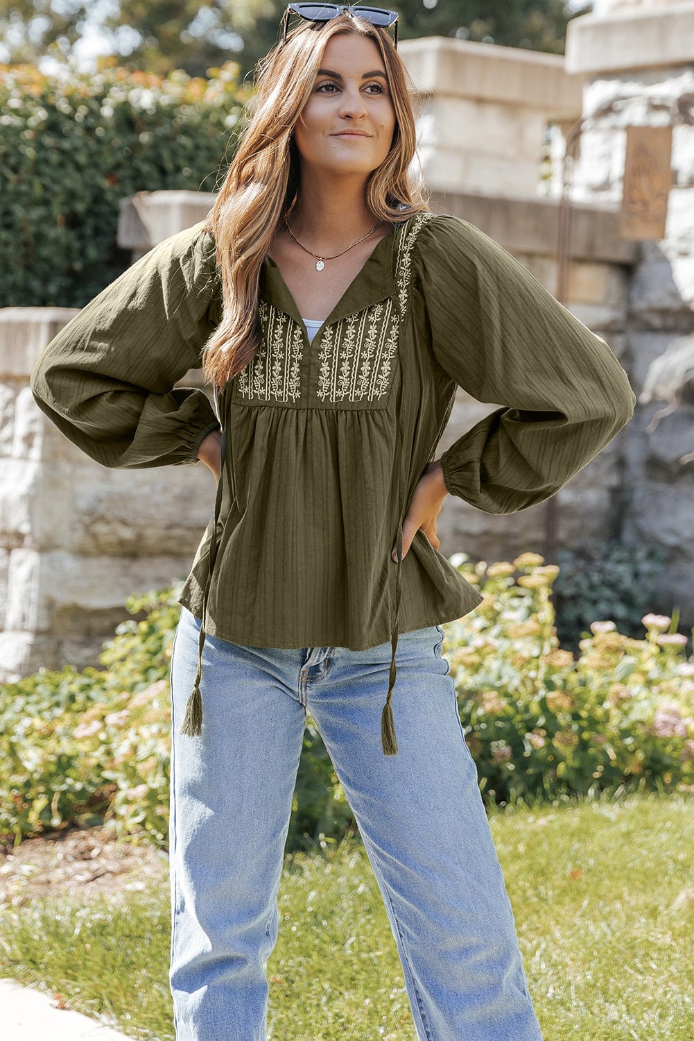 Green Floral Embroidered Bohemian Blouse with Tasseled Neckline