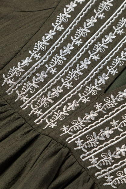 Green Floral Embroidered Bohemian Blouse with Tasseled Neckline