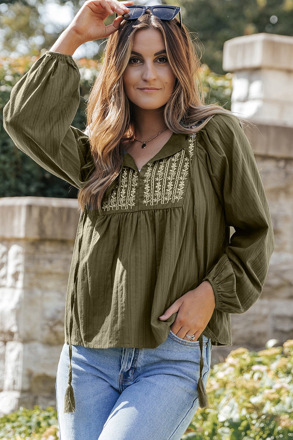 Green Floral Embroidered Bohemian Blouse with Tasseled Neckline