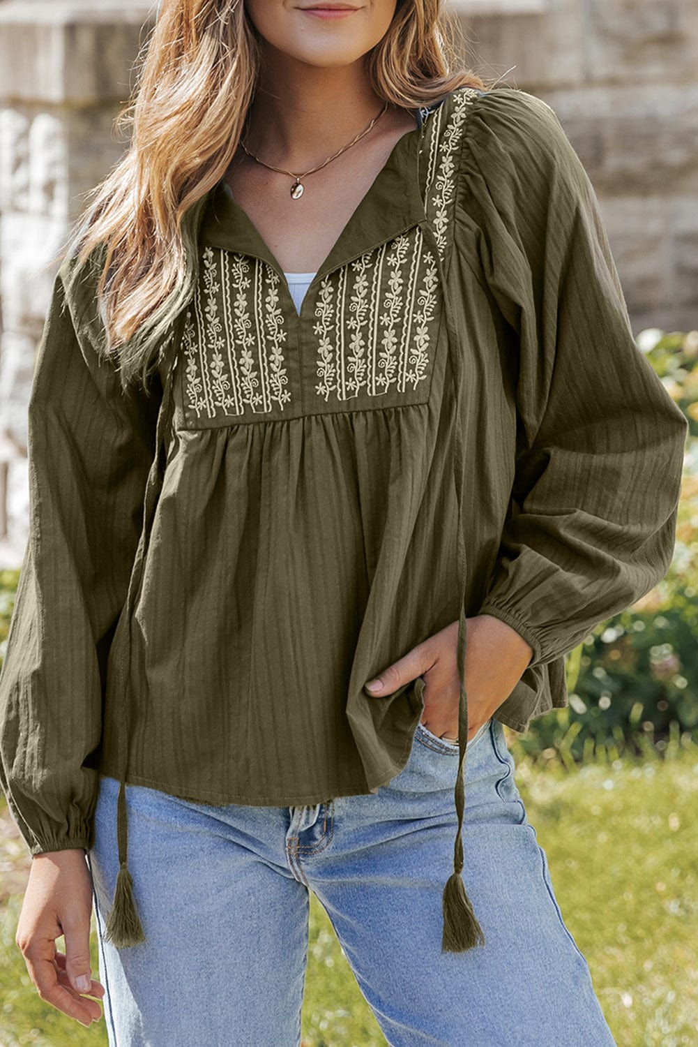 Green Floral Embroidered Bohemian Blouse with Tasseled Neckline