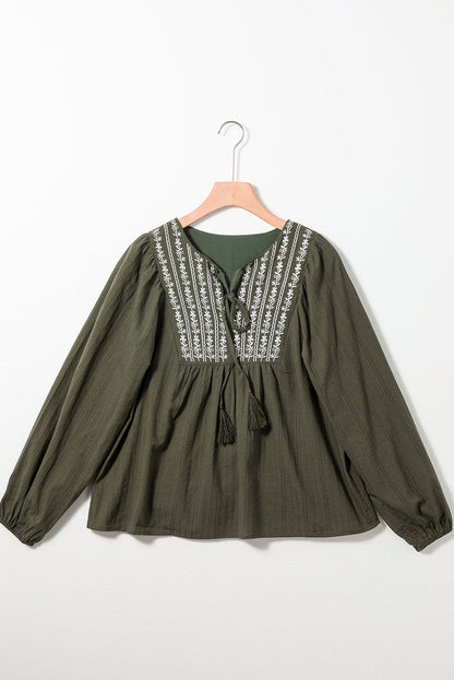 Green Floral Embroidered Bohemian Blouse with Tasseled Neckline