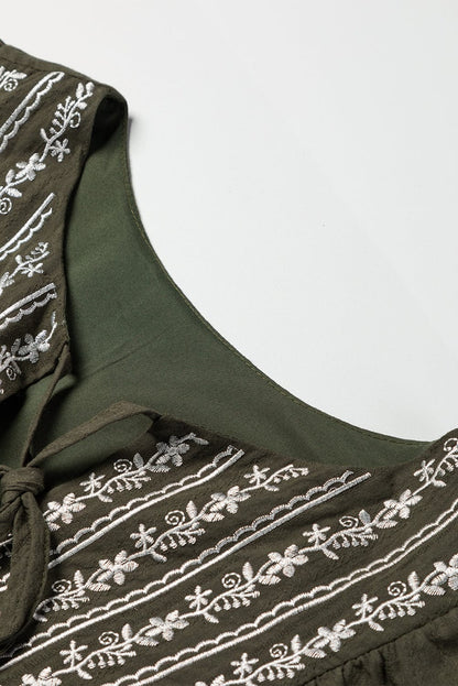 Green Floral Embroidered Bohemian Blouse with Tasseled Neckline