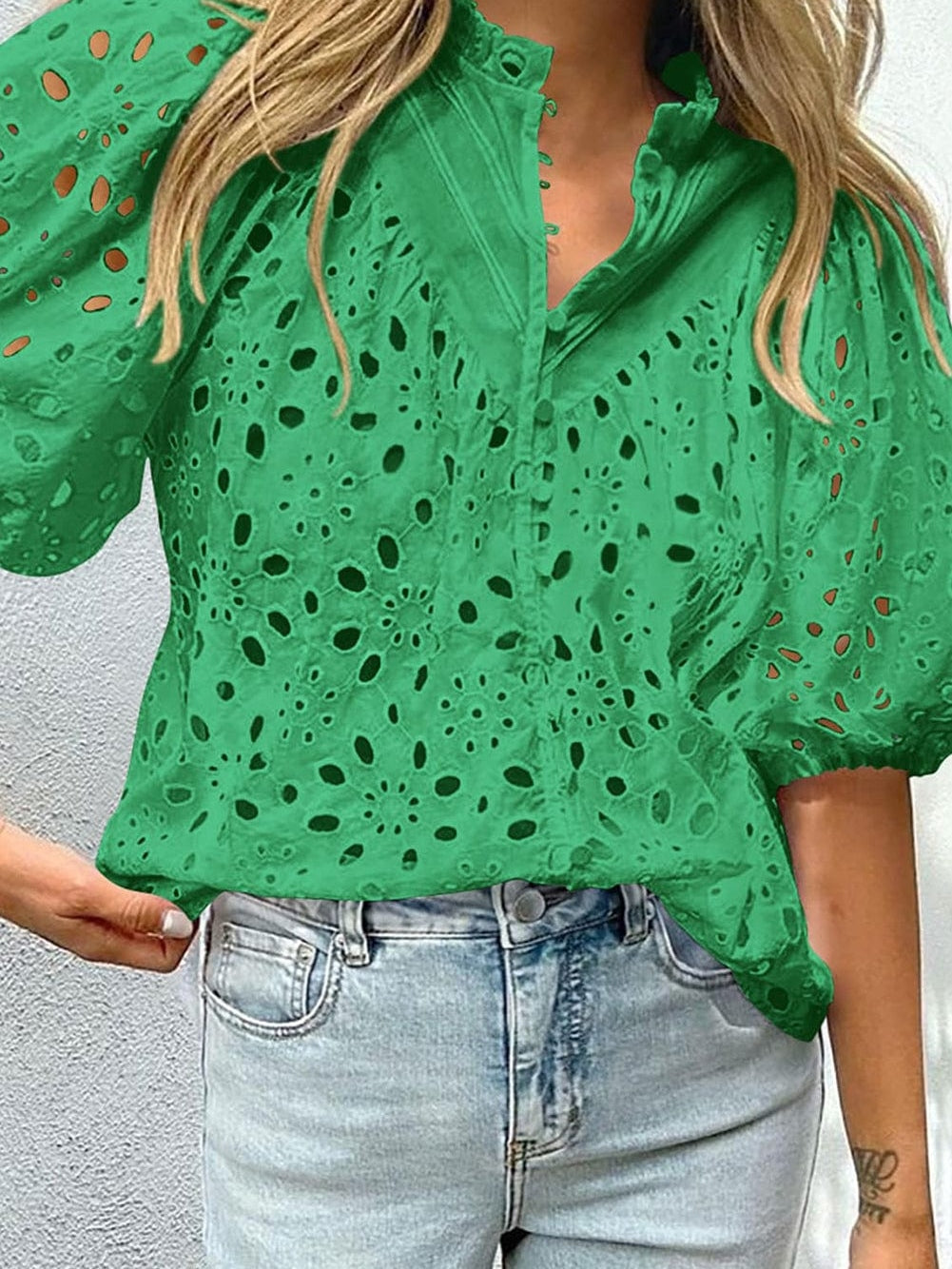 Green Floral Embroidered Sheer Puff Sleeve Top
