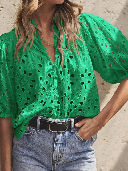 Green Floral Embroidered Sheer Puff Sleeve Top