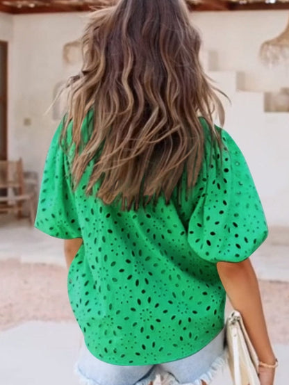 Green Floral Embroidered Sheer Puff Sleeve Top